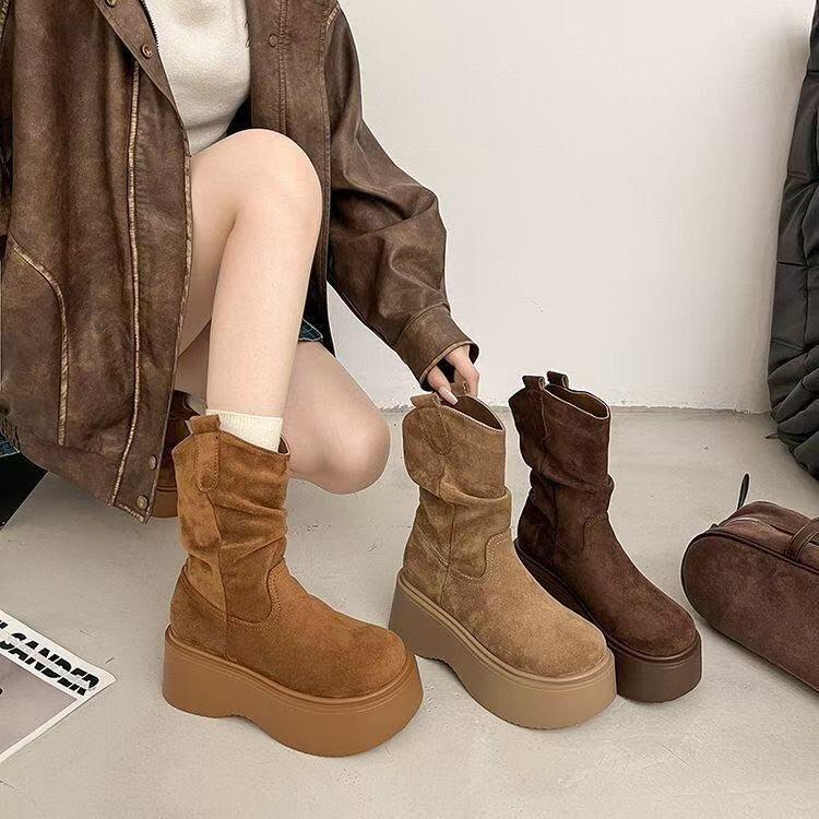 Fashion versatile retro temperament thin platform short boots women's autumn and winter new pleated feeling with coat fashion boots