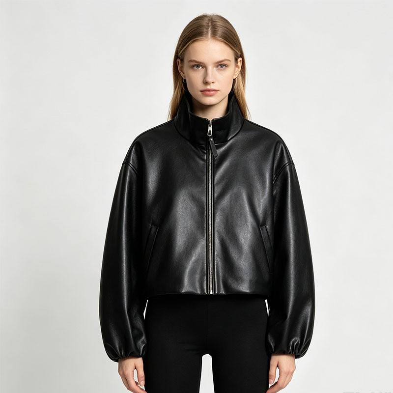 Womens Black Faux Leather Zip-Up Turtleneck Jacket Lightweight Outerwear Casual Chic Coat
