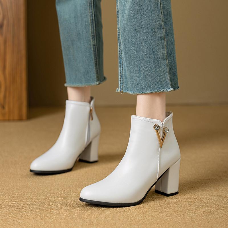 Женские короткие сапоги на высоком каблуке осенне-зимние классические однотонные универсальные сапоги на толстом каблуке большого размера