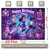 Vibrant Neon Fantasy Little Princesses in Dynamic Poses with Sparkling Magic Wands, Birthday Cake, Gifts, Balloons, Happy Birthday and 18