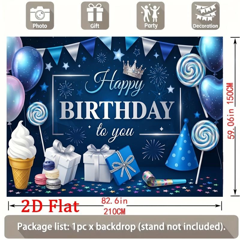 Elegant Navy-Blue Festive Backdrop with Sparkling Stars, Glossy Balloons, Striped Bunting, Lollipops, Ice Cream Cone, Gift Boxes, Party Hat