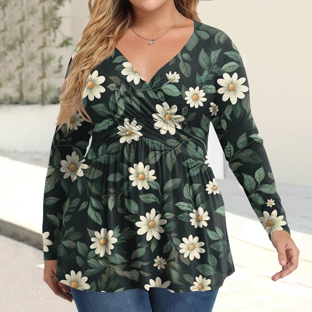 Women's Plus Size Shirt Long Sleeve Print Top Pleated Casual V-Neck Top