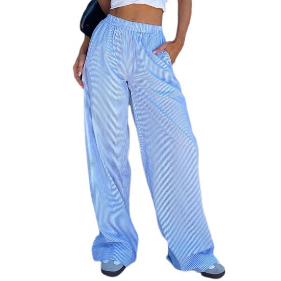 Women Casual Pants Vertical Stripe Design High Waist Wide Leg Trousers with Pockets Work Leisure