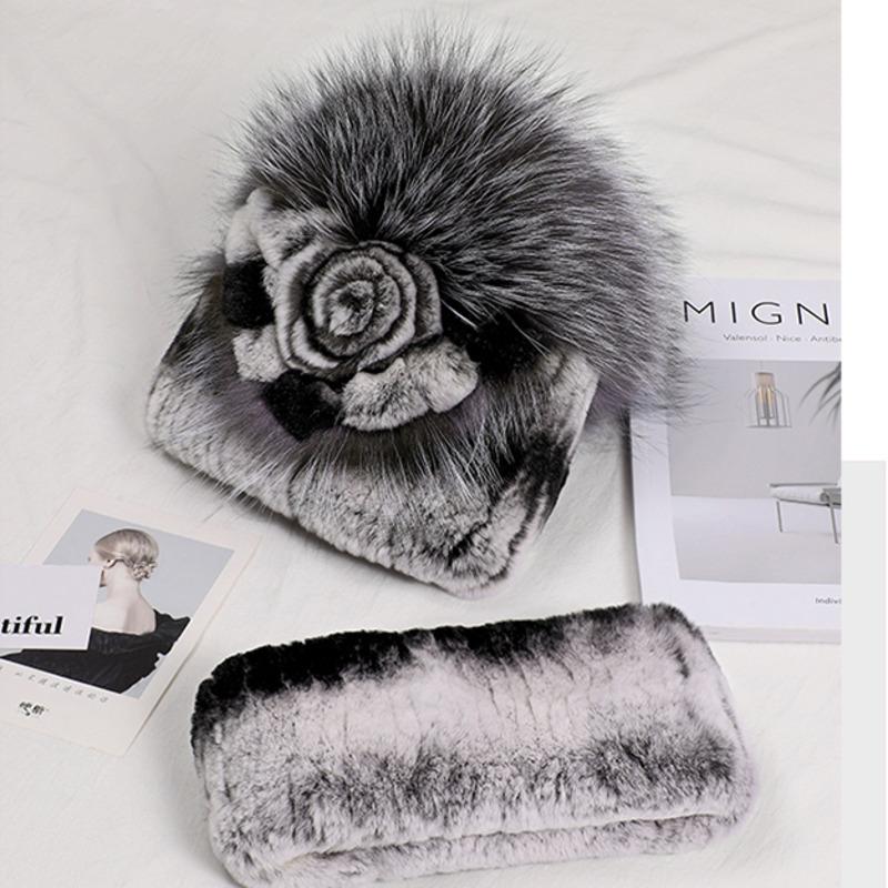 Real Rex Rabbit Fur Hat Women Winter Thickened Ear Protection Caps Knitted Scarf Hat Set Natural Fur Hat With Fox Fur Balls
