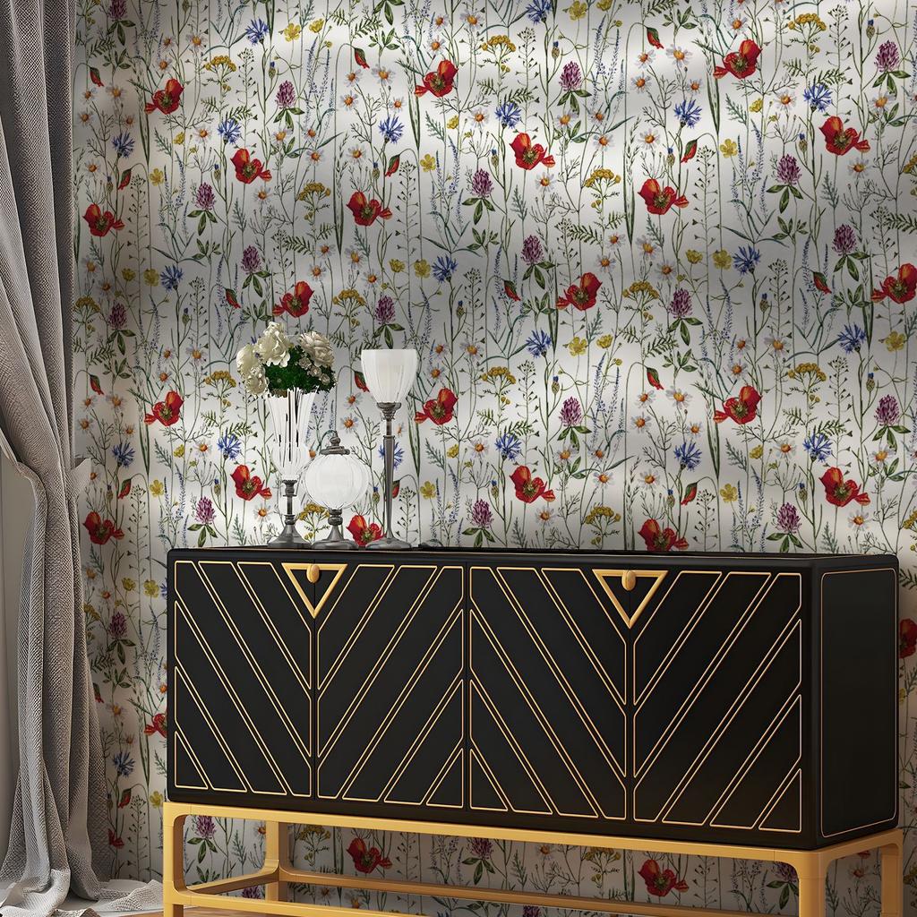 Акварельные луговые цветочные обои самоклеящиеся Дикие цветы Самоклеящиеся съемные обои для ванной комнаты, кухонных шкафов