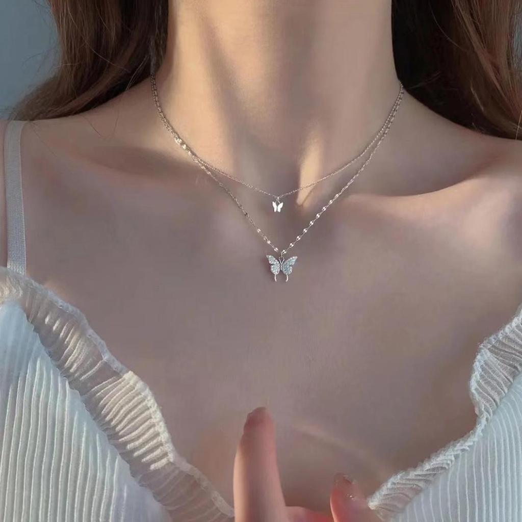 Двухслойное ожерелье с подвеской-бабочкой - Титановая сталь, Дизайн легкой роскоши, Невыцветающая цепочка для ключицы