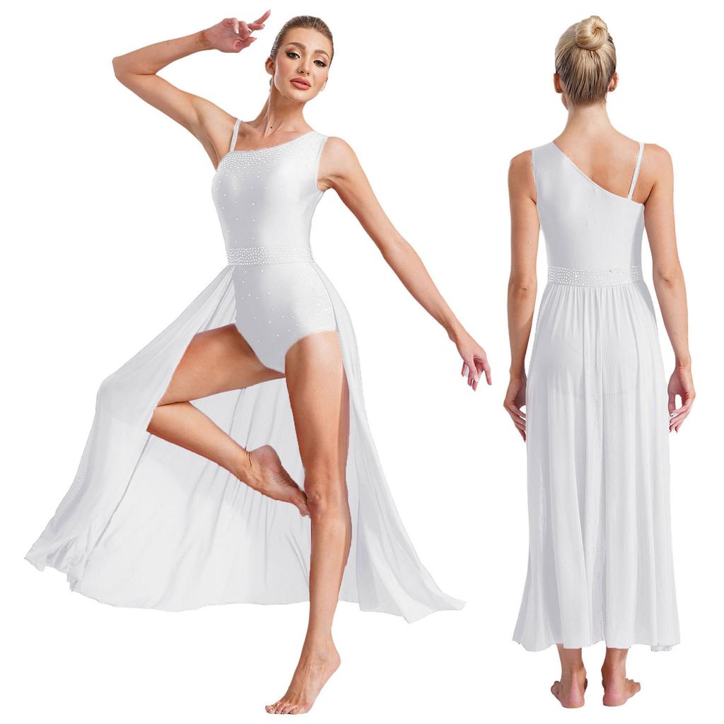 Прозрачное сетчатое платье для лирического танца женское без рукавов с высоким разрезом асимметричное плечо блестящие стразы