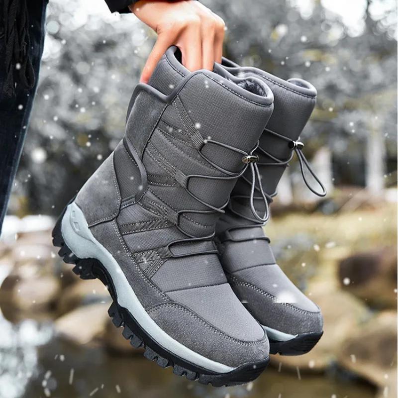 Мужские ботинки, теплые плюшевые ботинки для снега, водонепроницаемые хлопковые ботинки для женщин, нескользящие ботинки на платформе для мужчин, зимние ботильоны Botas Hombre
