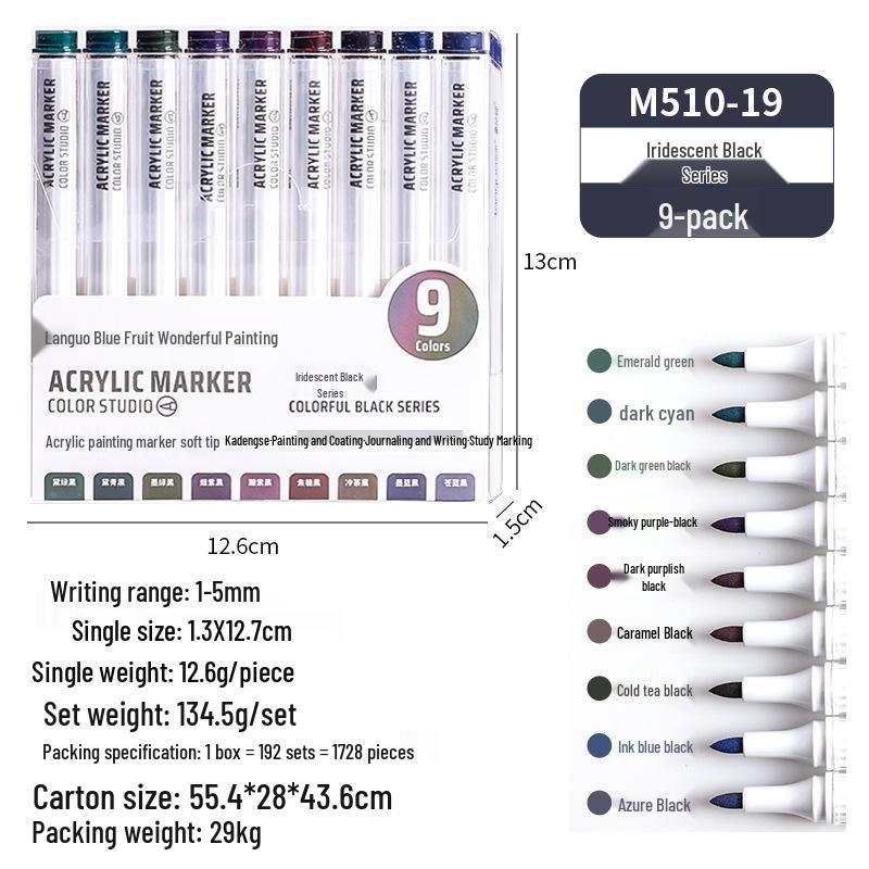 Blue Fruit M510 Soft Head Acrylic Marker Pen Set - 9 Colors for Art, Painting, and Graffiti