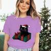 Cat Lover Gift for Christmas Crew Neck Women Tshirt Trendy Santa Cat Design Classic Tops Merry Christmas Cartoon Premium Tshirt