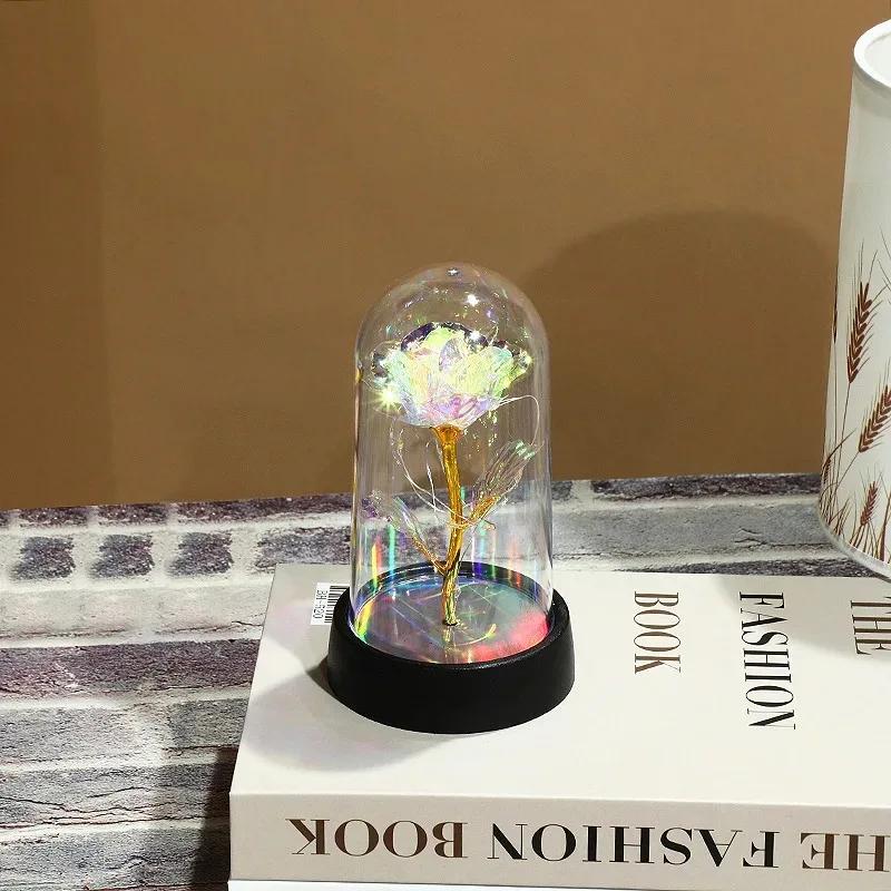 Вечная Роза Светодиодная Подсветка Фольга Красный Искусственный Цветок в Стекле для Подруги Свадебные Принадлежности Подарки на День Святого Валентина Рождество