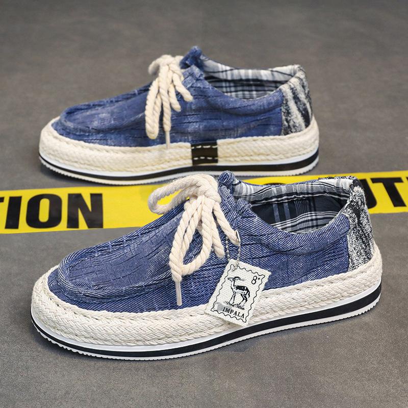 Men's Shoes Summer Washed Denim Board Shoes Student Hip Hop Korean Version Casual Flat Canvas Shoes Straw Fisherman Shoes