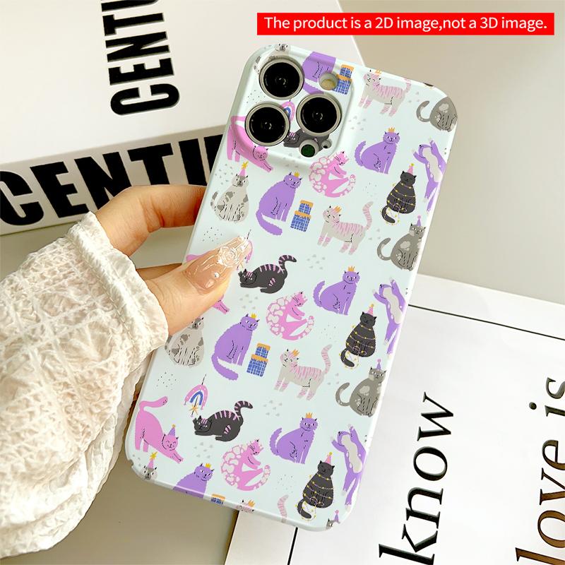 2DFlat Cute Cats Party Pattern Phone Case All inclusive film hard iPhone case, compatible with iPhone 18 Pro Max 17 16 15 14 13 12 11