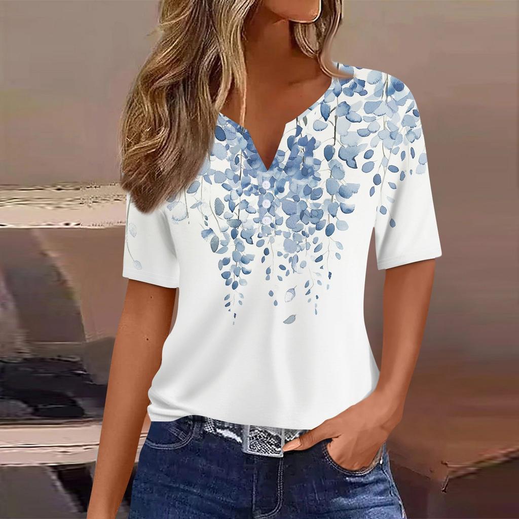 Женская повседневная футболка с коротким рукавом и V-образным вырезом, декоративная отделка пуговицами