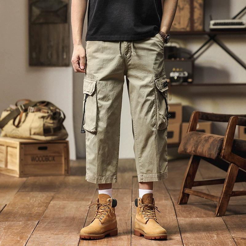 Мужские укороченные брюки, Мужские повседневные брюки, Свободные хлопковые укороченные брюки, Мужские рабочие брюки, Шорты с несколькими карманами, Тонкий дизайн