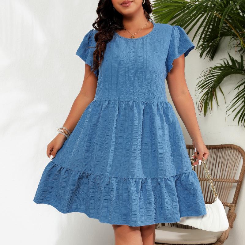 GMXIA Плюс Размер О-образный вырез с оборками на рукавах и талией Праздничные повседневные платья в стиле темперамент