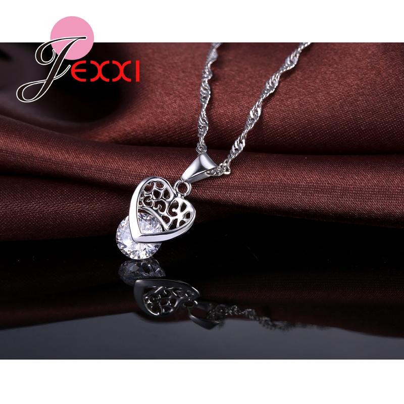 Fashion Woman Accessories 925 Sterling Silver Jewelry Sets Luxury CZ Crystal Heart Pendant Necklace + Earring Set