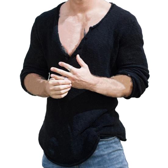 Мужской осенний свитер с длинным рукавом, V-образным вырезом, повседневный эластичный пуловер для ежедневной носки, трикотаж, свободный свитер-поддева, мужская одежда