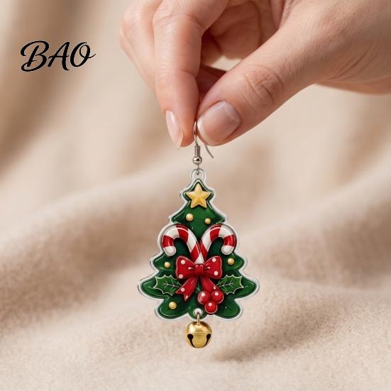 Winter Outfit Accessories 1 Pair Acrylic Christmas Tree Dangle Earrings, 2D Flat Xmas Cute Jewelry Bow Candy Cane Earrings with Bell, Holiday