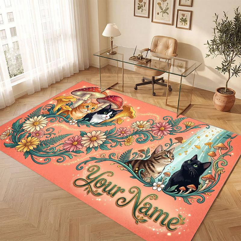 Cat Theme Crystal Velvet Floor Rug Personalized Custom Name Text Warm Carpet Home Decoration