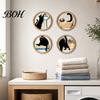 Retro Home Wall Art 4 Pcs Minimalist Black Cat Art, Geometric Round Circle Wooden Rounded Corner Wood Decor, Abstract Hanging Sign for Living