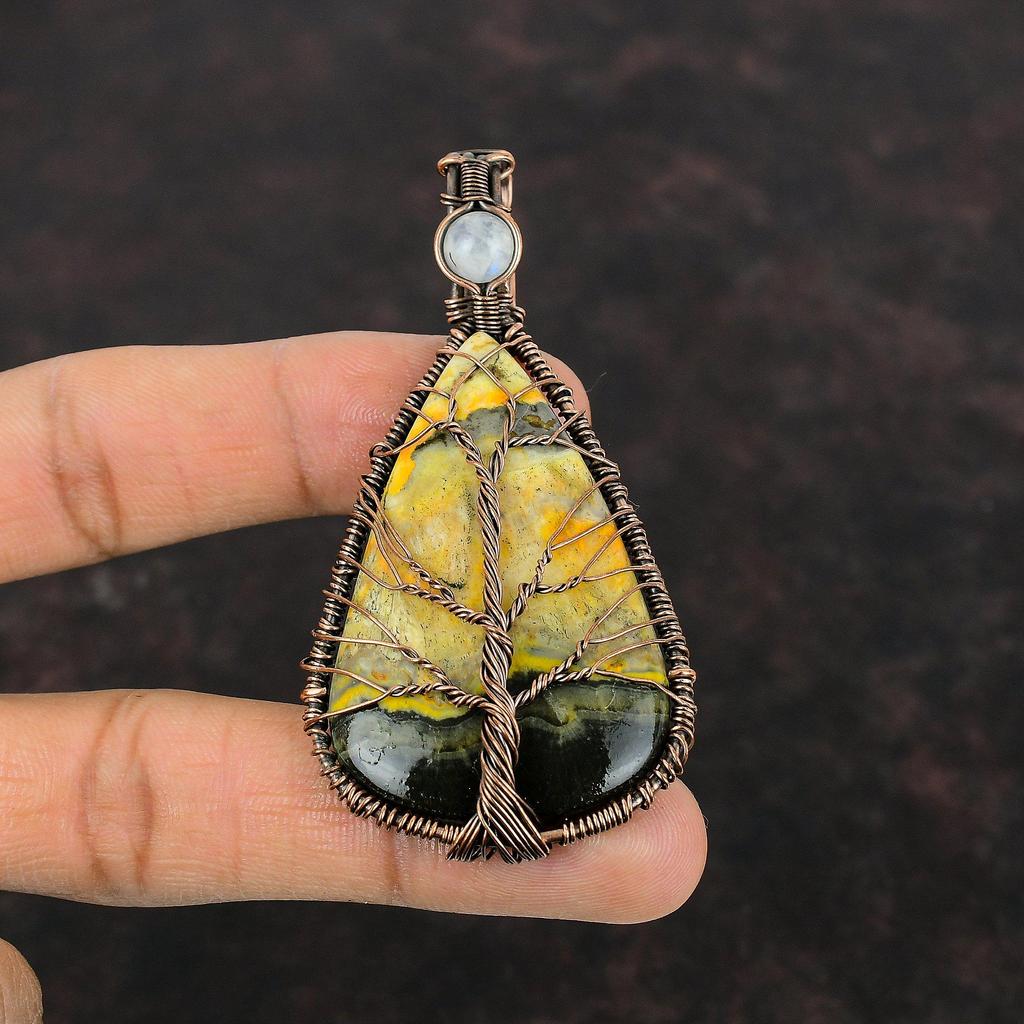 Tree Of Life Bumble Bee Jasper Pendant Copper Wire Wrapped Pendant Rainbow Moonstone Pendant Handmade Gemstone Pendant Dainty Copper Jewelry
