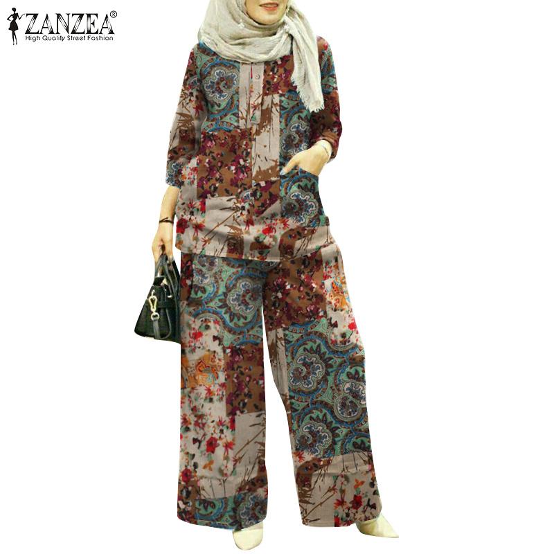 ZANZEA Женские повседневные комплекты из блузки и брюк из двух предметов