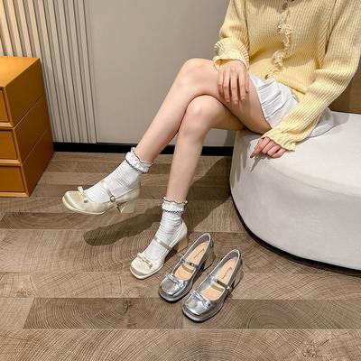 Кожаные маленькие серебристые туфли Мэри Джейн на высоком каблуке женские весенне-осенние туфли под ципао, туфли для верховой езды, туфли на толстом каблуке, одинарные туфли