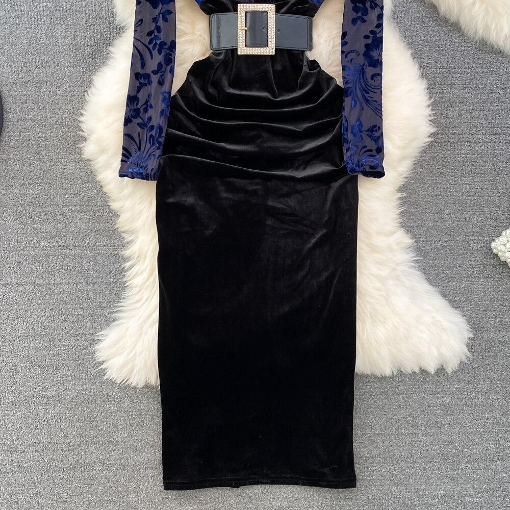 Autumn New Style of Celebrity Temperament V Neck Bronzing Printing High Waist Fold Stitching False Two Bag Hip Dress