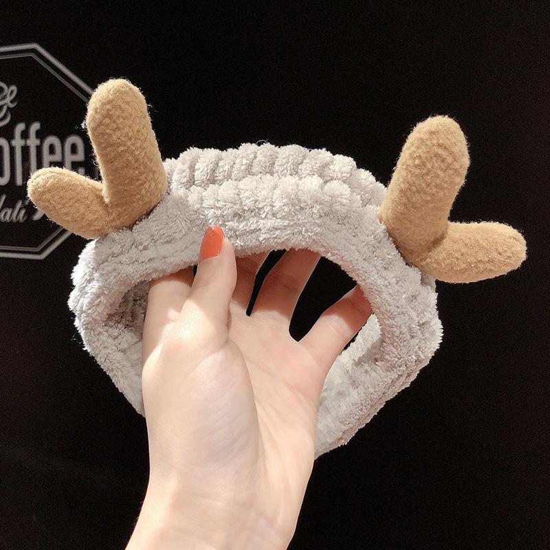 Cute Bow Antler Ears Coral Fleece Soft Warm Headband For Women Girl Washing Face Makeup Bath Head Wrap Hairband Hair Accessories