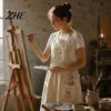 Breathable Cotton Blend Apron Kitchen with Pockets, Durable Washable Chef Apron, Adjustable Cross Florist Garden Pockets Back Design, Hand-Embroidered