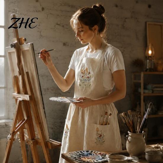 Breathable Cotton Blend Apron Kitchen with Pockets, Durable Washable Chef Apron, Adjustable Cross Florist Garden Pockets Back Design, Hand-Embroidered
