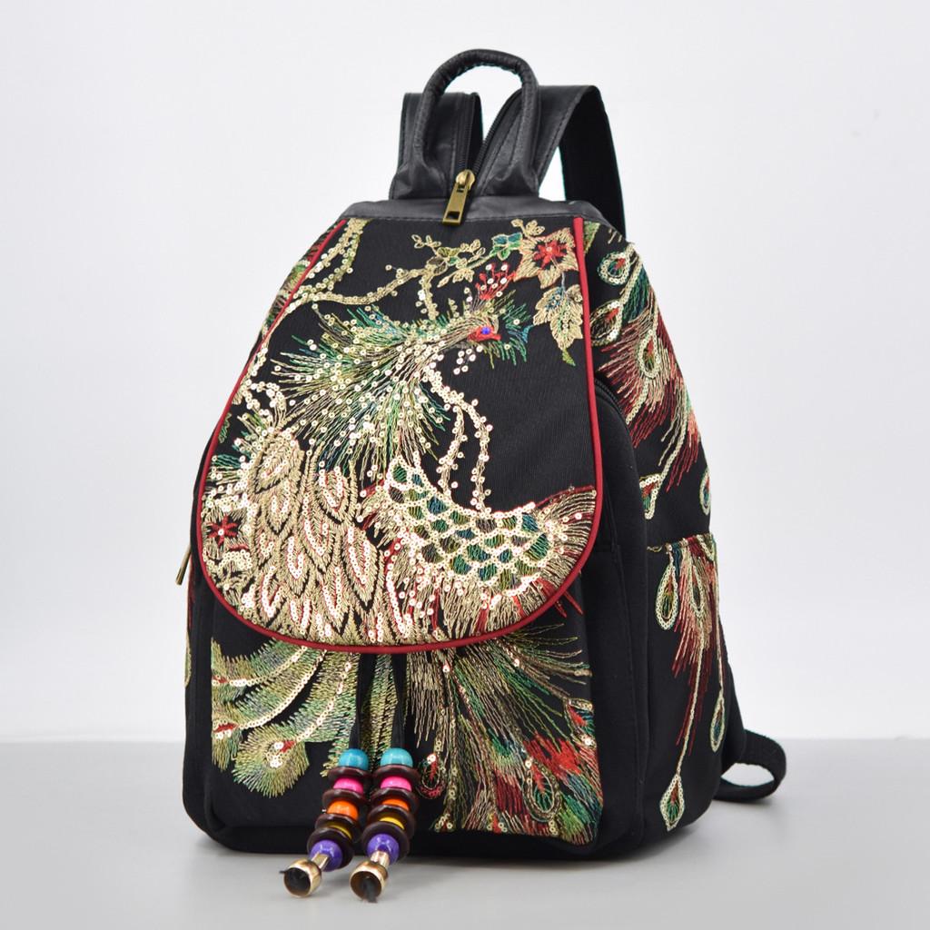 Peacock Embroidery Canvas Backpack With Antitheft Features For Daily Commuting And Outdoor