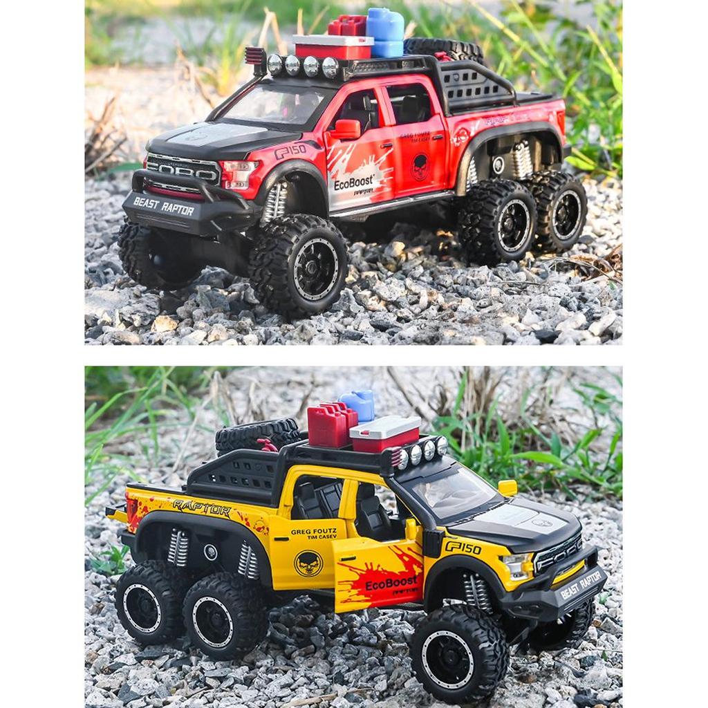 1/28 Scale Ford Raptor F150 6X6 Pickup Truck Diecast Car Model Toy, Pull Back Toy Vehicle with Sound and Light for Kids Toddler Gift Collection