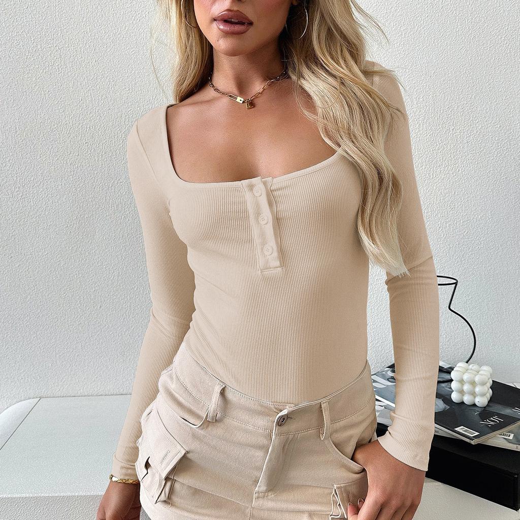 European and American Women's Autumn and Winter New Button Square Neck Fashionable Top Sexy Spicy Girl T-shirt Thread Solid Color Long Sleeved Shirt