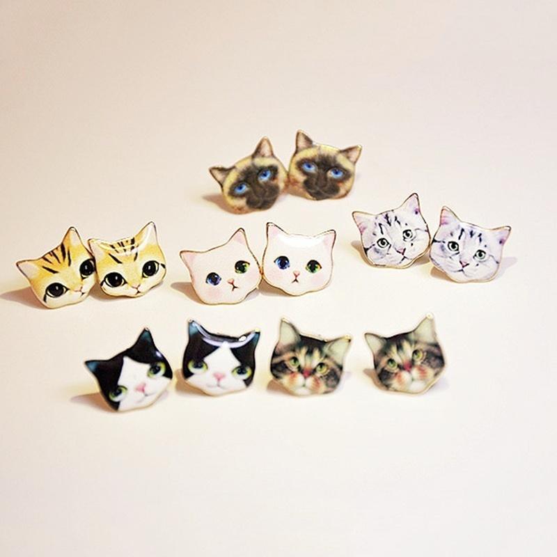 1 пара милых сережек-гвоздиков с рисунком кошки, изящная ручная работа