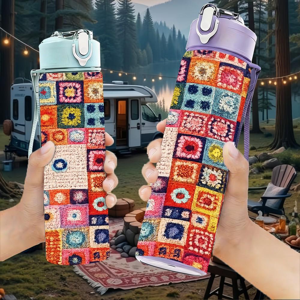 1PC Geometric Square Patchwork Print 750ml Color Plastic Sports Water Bottle Leakproof Flip Straw Lid Suitable for Sports Office Home Use