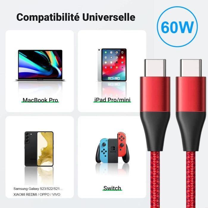 3x Câble USB-C vers USB-C Charge Rapide pour Redmi Note 14 13 Pro Note 12 4G-5G Note 12 Pro - Nylon Tressé Rouge 1M