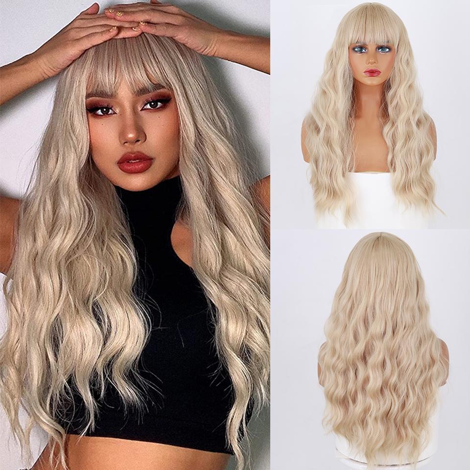 XINRAN Женский длинный волнистый парик с челкой, синтетическое волокно, естественная волна воды, черный длинный парик для повседневной носки, косплей