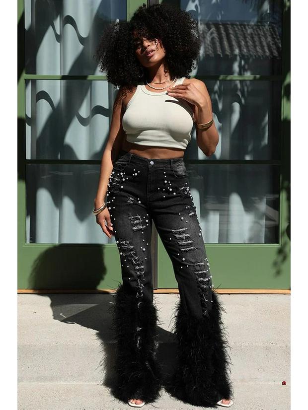 2024 Women's Versatile High-Waisted Distressed Pearl Feather Jeans - European and American Style