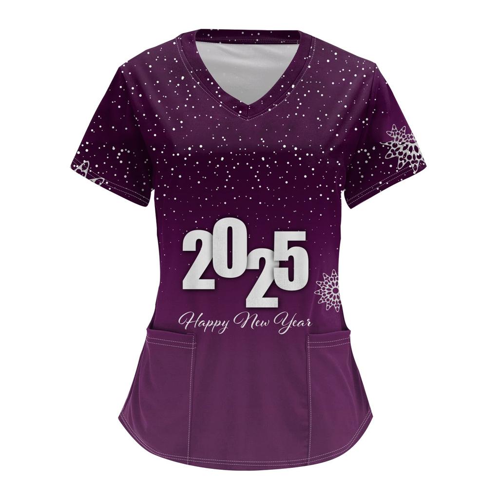 Women's Fashion V-neck Short-sleeved Overalls With Pockets 2025  Christmas Print Top