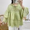 Vintage Doll Ruffles Linen Women Shirts Summer Mori Loose Solid Color Three Quarter Sleeve Lace-up Blouses