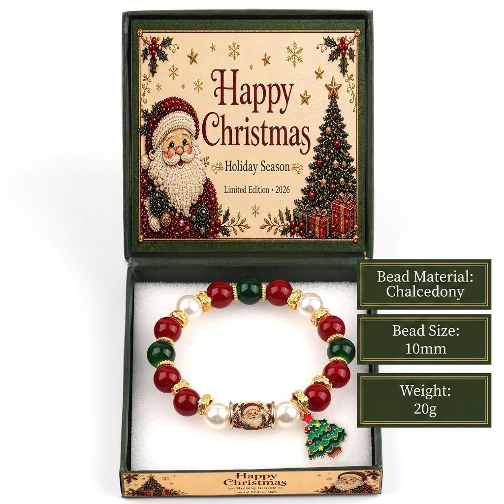 Christmas Pearl Bracelet with Natural Crystal Beads: Festive Holiday Jewelry Featuring Alloy Christmas Tree Pendant Stretch Wrist Accessory for Wome