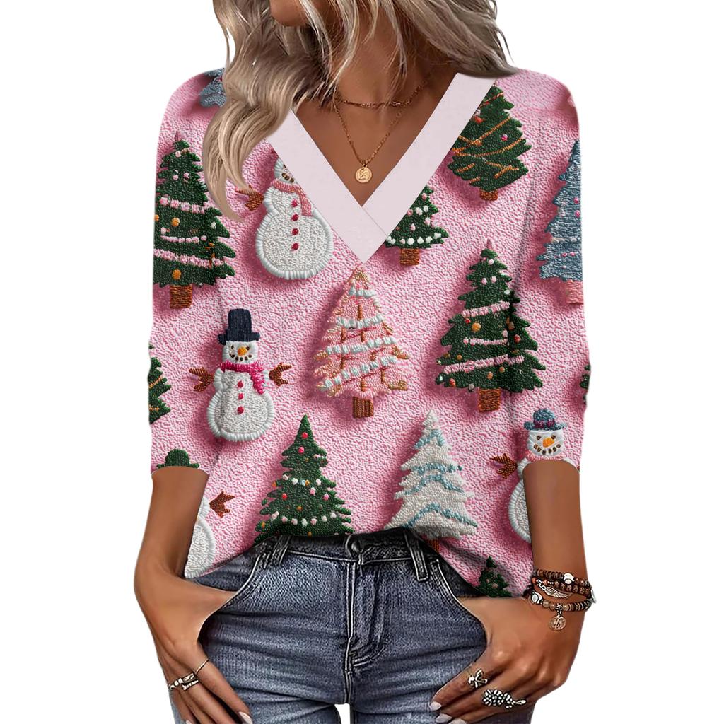 Women's Loose Comfortable Casual Fashion V-Neck Christmas Print 3/4 Sleeve Top