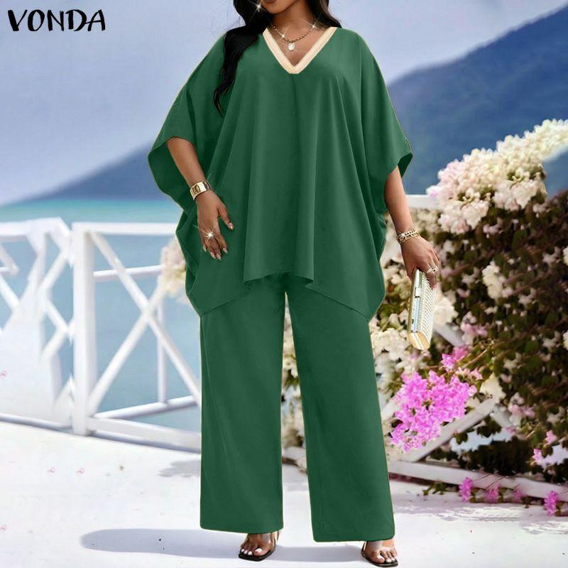 VONDA 2 шт. Женский свободный комплект из блузки с рукавами летучая мышь и брюк, повседневный, оверсайз, два предмета