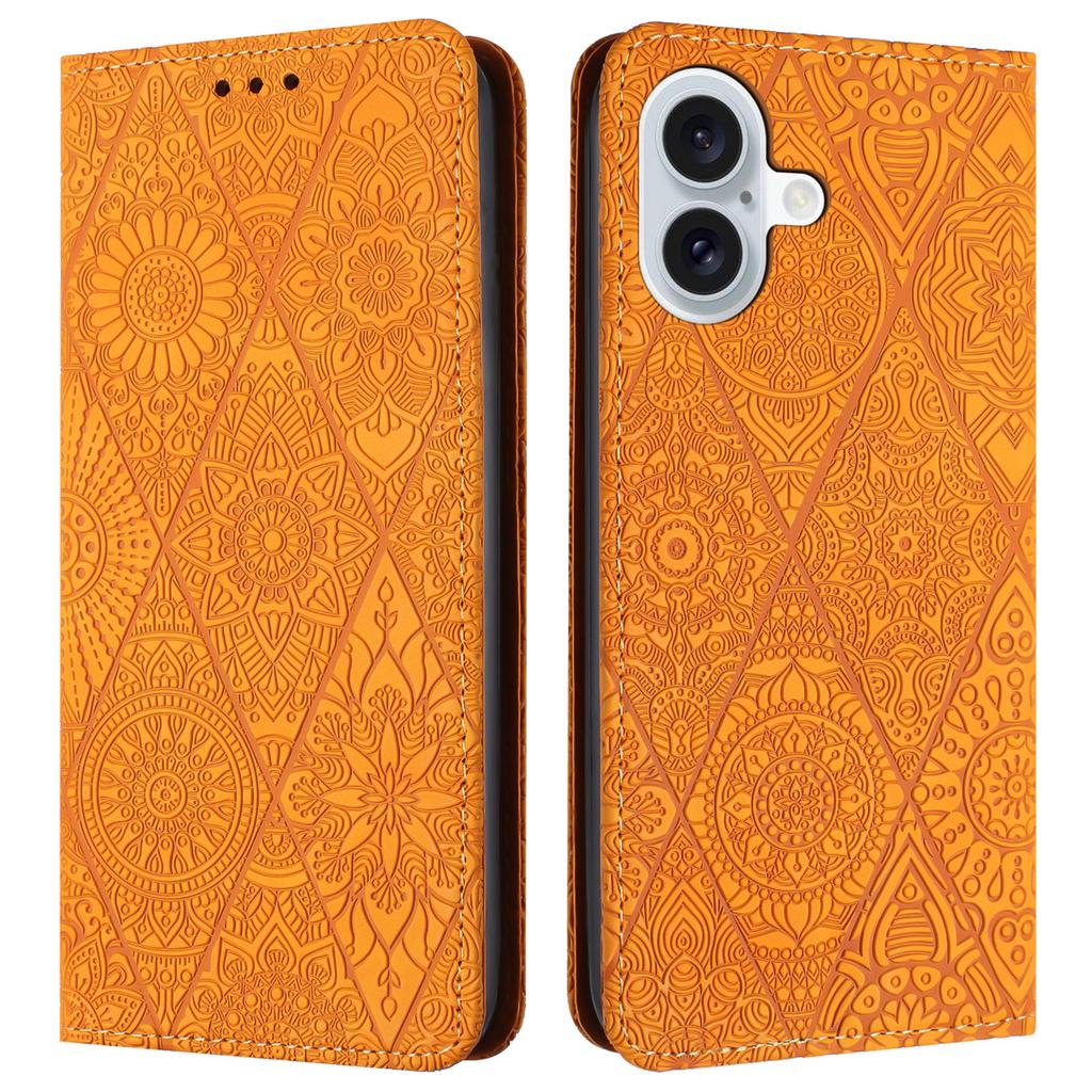 For iPhone 16 Case Imprinted Flower Wallet Stand Leather Phone Cover - Black