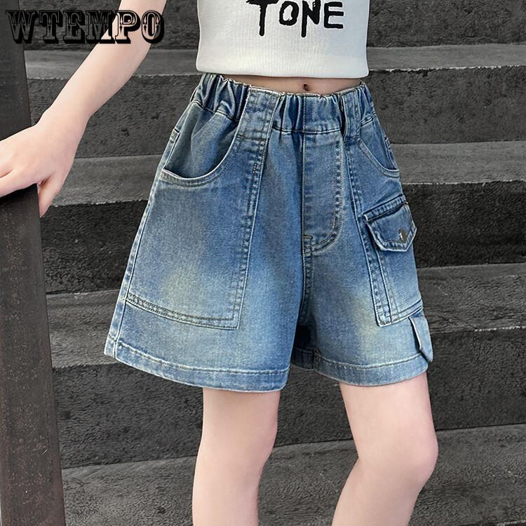 Летние джинсовые шорты для девочек, укороченные брюки, рабочие брюки, универсальные джинсы с широкими штанинами, модные, универсальные свободные брюки для детей