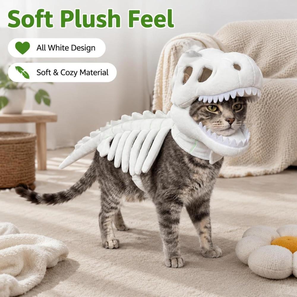 3D скелет Тираннозавра Костюм для питомца на Хэллоуин Мягкий плюшевый наряд с капюшоном для маленьких и средних собак Кошек Праздничная вечеринка Косплей Наряд