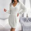 Women Autumn Winter High Waist Twist Wrap V Neck Long Sleeve Solid Color Hip Sweater Dress S-L
