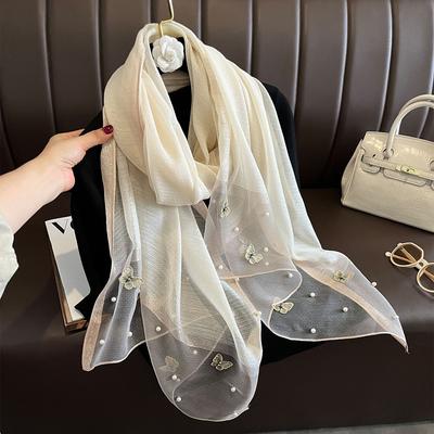 Women Fashion Butterfly Embroidered Scarf Plain Solid Silk Linen Shawls Scarves Summer Lady Bandanas Foulard Hijab